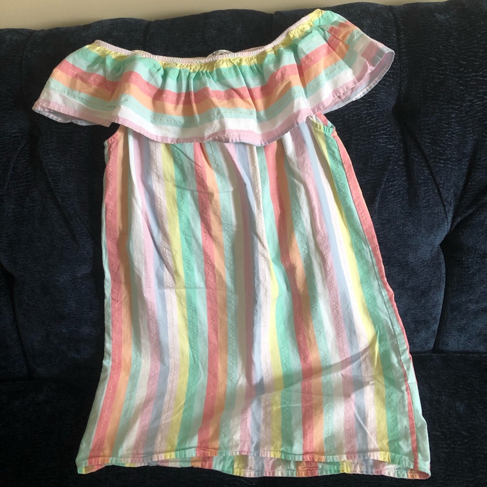 girls pastel striped off the shoulder dress.